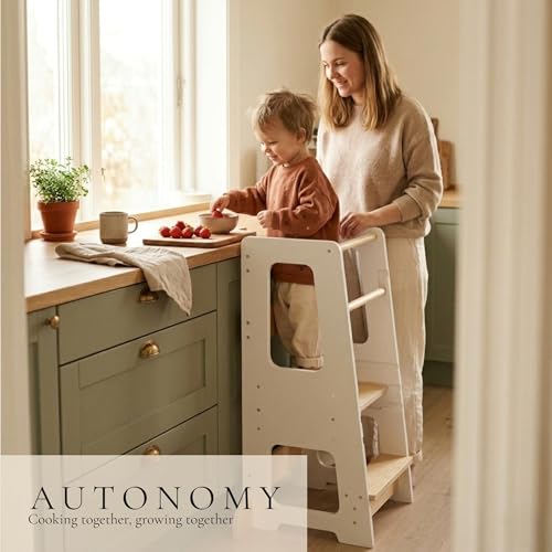 White Wooden Toddler Kitchen Helper Tower with 3 Heights - Safe & Adjustable