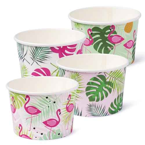 ROYAL BLUEBONNET Flamingo Snack Bowls ? 48 8oz Tropical Snack Cups, with 4 Different Pink & Green Flamingo Hawaiian Palm Leaf Paper Ice Cream Bowls for Luau, Hawaiian Party Decorations for Summer