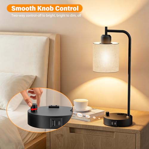 Beige Industrial Table Lamps Set of 2 - Dimmable Bedside Lamps with USB Ports and Outlet