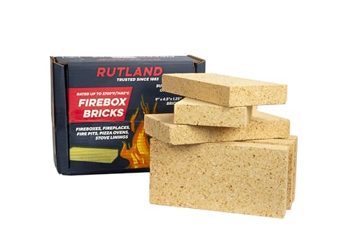Rutland High-Temperature Fire Brick 9x4.5x1.25 Inch Tan 6-Pack - USA-Made Fire Clay for Fireplace & Pizza Oven