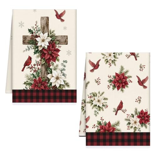 VISSTREE Multi-Poinsettia Cross Christmas Kitchen Towels Set, 2 Pcs Faith Holiday Decor