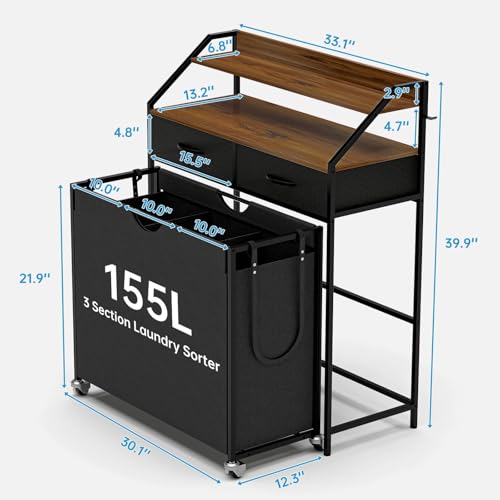 Laundry Sorter with 3 Sections and 2 Drawers - 2 Tier Rolling Organizer