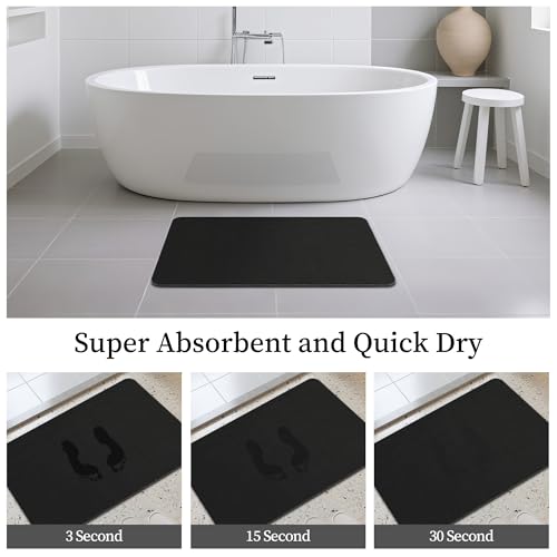 THMINS Black Stone Bath Mat 24x16 Inches Non-Slip Diatomaceous Earth Shower Rug