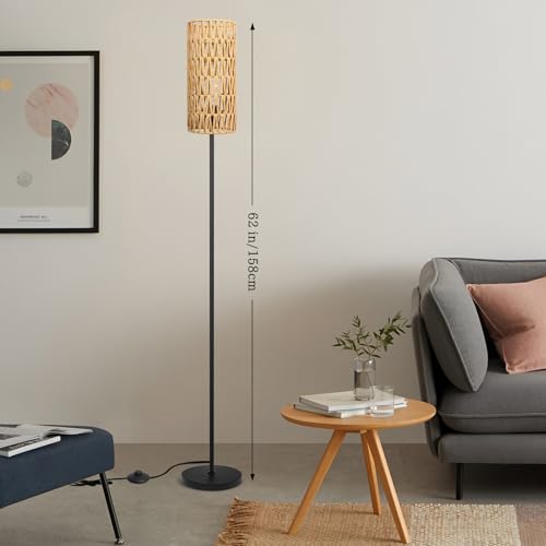 Ruiever Farmhouse Rattan Floor Lamp with 3-Color Bulb and Handcrafted Shade, Tall Black Standing Lamp for Living Room & Bedroom