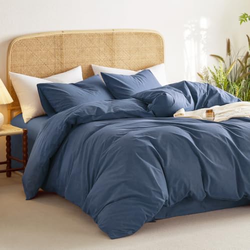 Queen Cotton Duvet Cover Set - Dark Blue, 100% Washed Cotton, Linen Look, Breathable & Durable, Farmhouse Style