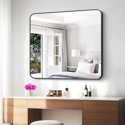 BONEWEI 36x40 Inch Black Rounded Rectangle Wall Mirror - Vanity, Bathroom & Living Room Decor