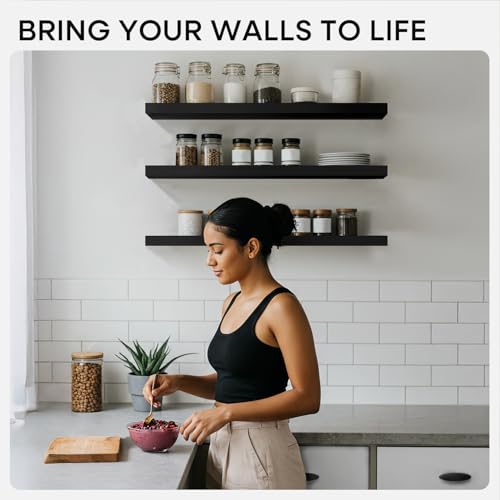 Modern Black Floating Shelves Set of 2 - 12 Inch Solid Pine Wall Storage
