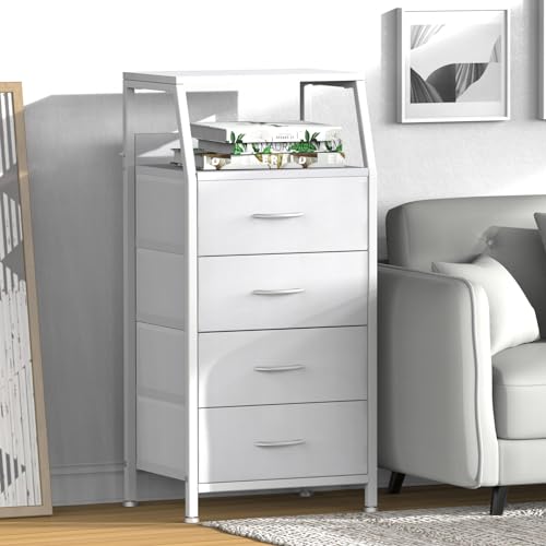 White Fabric Dresser with 4 Drawers - Tall Bedroom Storage Nightstand, 11.5 x 16.1 x 33.3 Inches