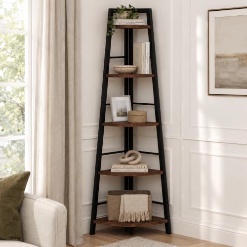 Corner Ladder Shelf Stand - 5-Tier Rustic Oak Corner Bookcase for Living Room & Office