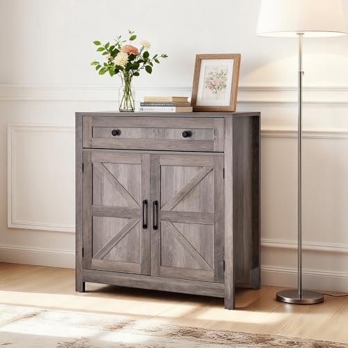 VEVOR Farmhouse Grey Buffet Cabinet with 2 Barn Doors & Adjustable Shelves - 30" Coffee Bar Sideboard with Drawers