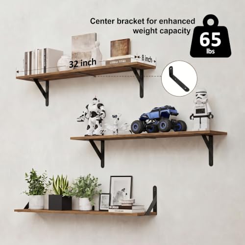 Rustic Brown Wall Shelf 32 Inch Floating Bookshelf with Sturdy Metal Brackets