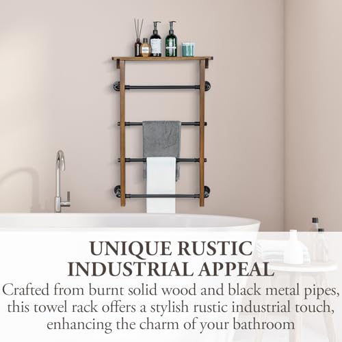 Wall-Mounted Towel Rack Ladder with Storage Shelf - Rustic Burnt Wood, Dark Brown