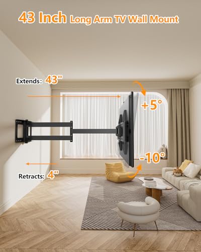 Long Arm Full Motion TV Wall Mount for 42-80 Inch TVs - Extends 43 Inches - Fits VESA 100x100mm to 600x400mm - Heavy Duty Steel