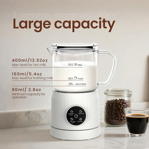 4-in-1 Electric Milk Frother and Steamer - Cream White, LED Touch Screen