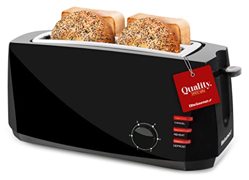 Elite Gourmet 4-Slice Long Slot Toaster - Black, Extra-Wide Slots, 6 Toast Settings