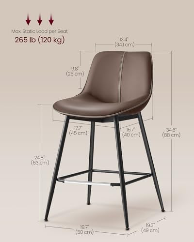 VASAGLE Counter Height Bar Stools Set of 2 - Coffee Brown, 24.8 Inch, Modern Backrest