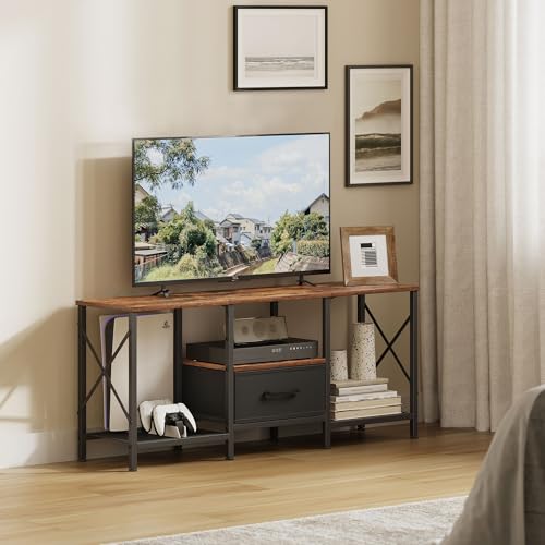 Brown TV Stand with Fabric Drawer for 50-55 Inch TVs - Industrial Entertainment Center
