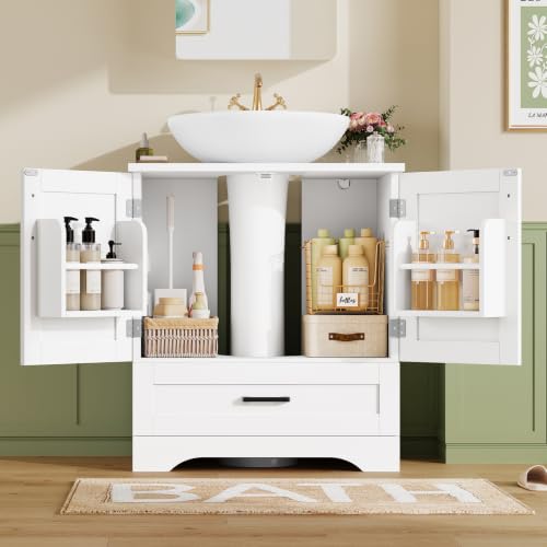 TEENFON 24-Inch White Pedestal Sink Storage Cabinet with 2 Doors & Drawer
