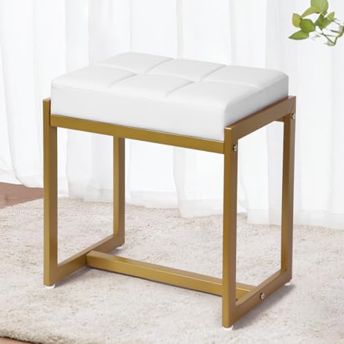 Vanity Stool with Gold Metal Legs - Faux Leather Makeup Bench for Bedroom & Living Room - White & Gold - Compact & Stylish