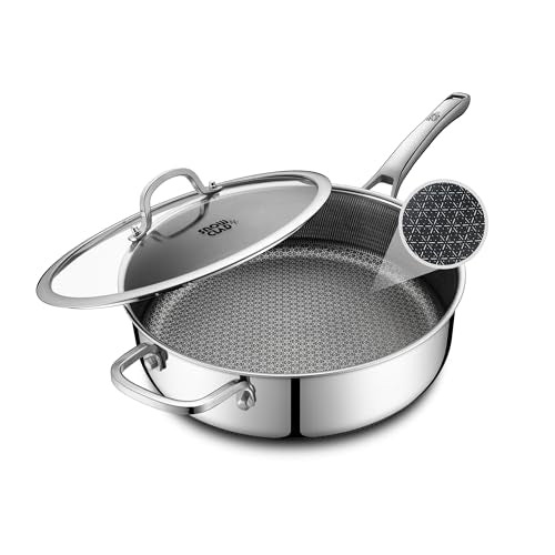 Stainless Steel Nonstick Frying Pan with Lid - 5 Quart Deep Saute Pan, 12 Inch, Oven & Dishwasher Safe, Works on All Cooktops - Variation: Stainless Steel / 5QT