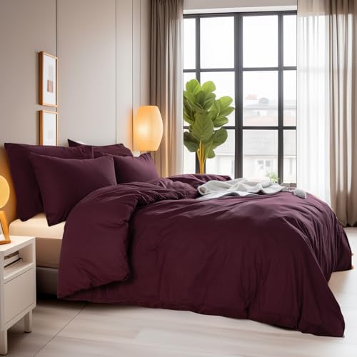 King Size Burgundy Duvet Cover Set Linen Look 100% Washed Cotton Textured Bedding