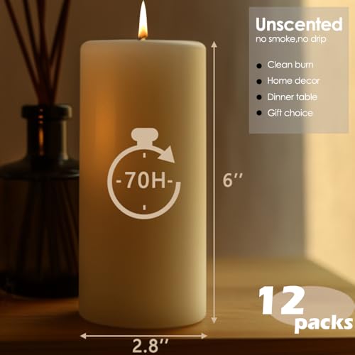 Ivory Unscented Pillar Candles 12 Pack - 2.8x6 Inch Long Burn Time Variation of THIS listing
