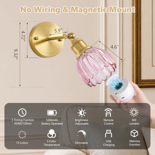 Gold-Pink Vintage Battery Operated Wall Sconce Set of 2 – Wireless Dimmable LED Lamps with Remote for Bedroom Living Room