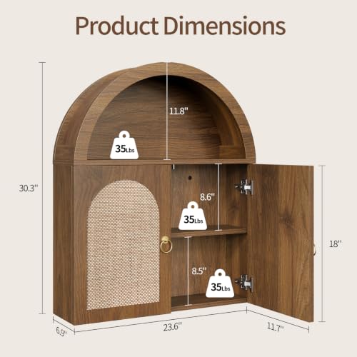 Curlaky Walnut Arched Bathroom Wall Cabinet with Rattan Doors