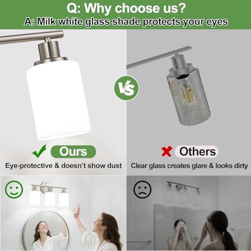 3-Light Vanity Light Fixture - Brushed Nickel & Milky White Glass Shades, Reversible Mounting