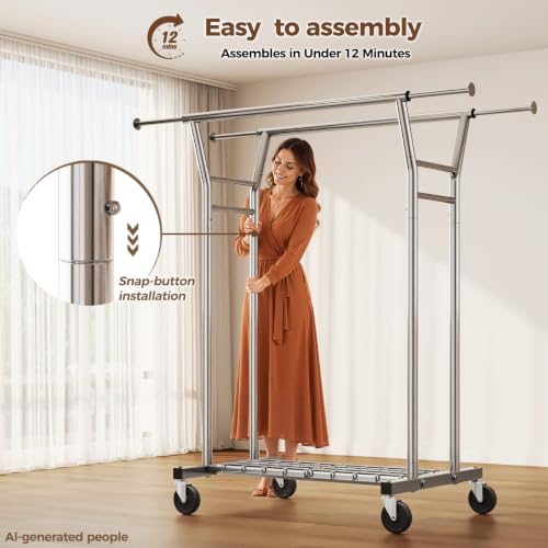 HYSEYY Silver Heavy Duty Rolling Clothes Rack with Shelves - 700LB Capacity