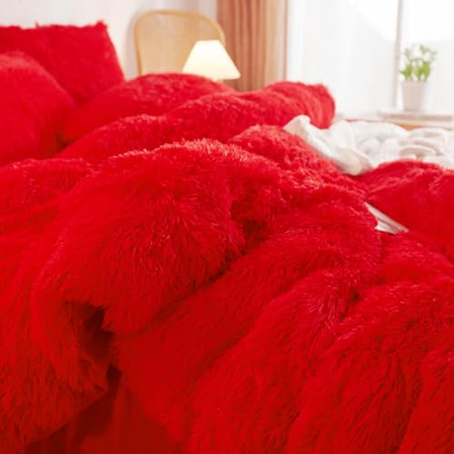 HAIHUA Red Queen Plush Faux Fur Comforter Cover Set with Pillowcases