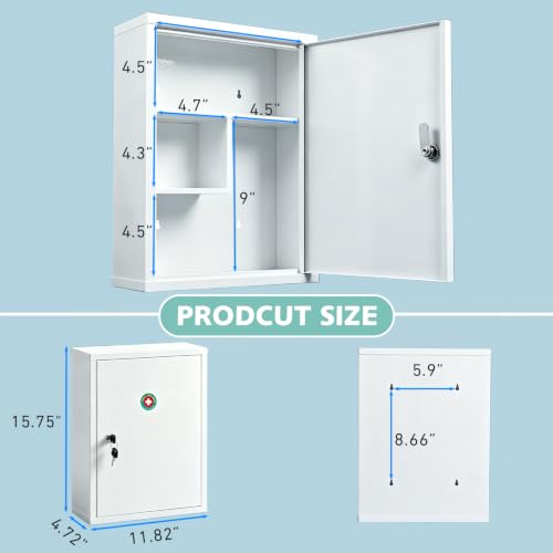KYODOLED Rectangular Wall Mount Locking Medicine Cabinet with Keys, 15.75 Inch, White