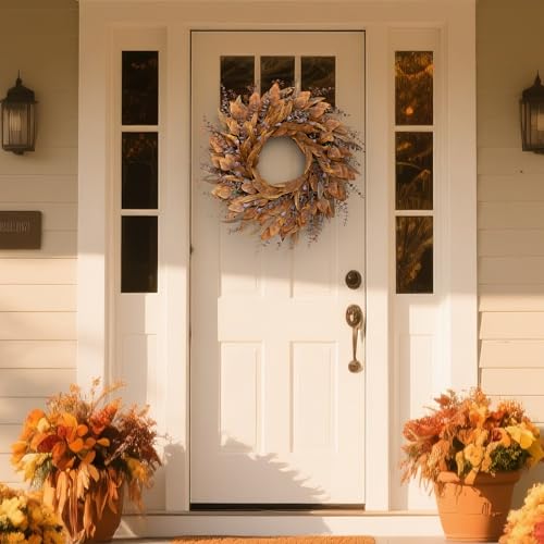 YXZZWL 26-Inch Artificial Fall Eucalyptus Wreath with Seeds for Front Door (Orange) - Fall Decor