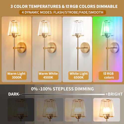 Gold Battery Operated Crystal Wall Sconces Set of 2 with Adjustable RGB Lighting