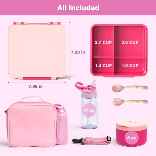 Kids Bento Lunch Box Set - Pink with 4-Compartment Food Container, Insulated Food Jar, Water Bottle & Accessories
