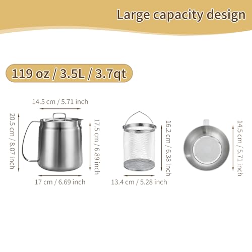 3.7 Quart Stainless Steel Deep Fryer Pot with Basket & Oil Strainer - Dishwasher Safe