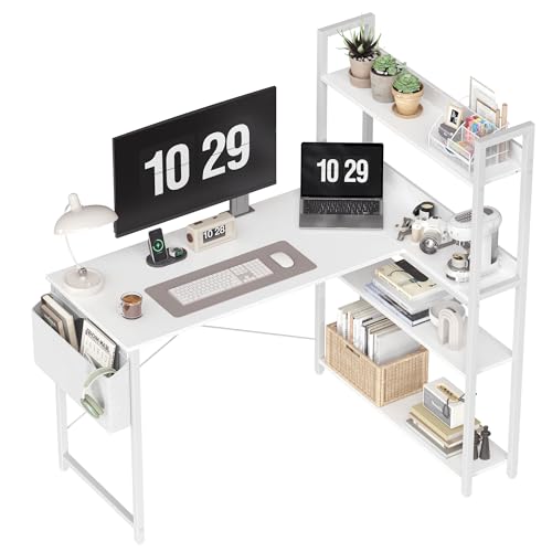 Treesland 47-Inch White Corner Computer Desk with Bookshelf & Storage
