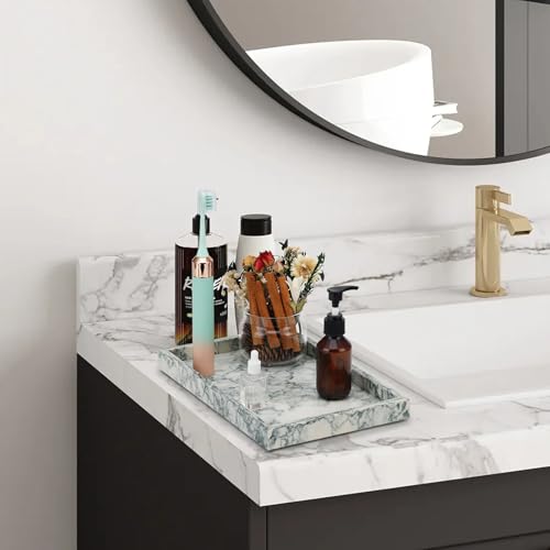 Cyan-Green Natural Marble Bathroom Vanity Tray for Organizing Essentials