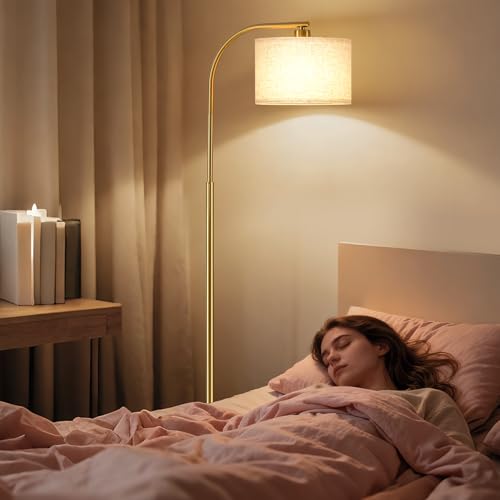Gold Floor Lamp for Living Room & Bedroom - 65'' Modern Standing Lamp with Fabric Shade & 3-Color LED Bulb - Gold Linen Variation