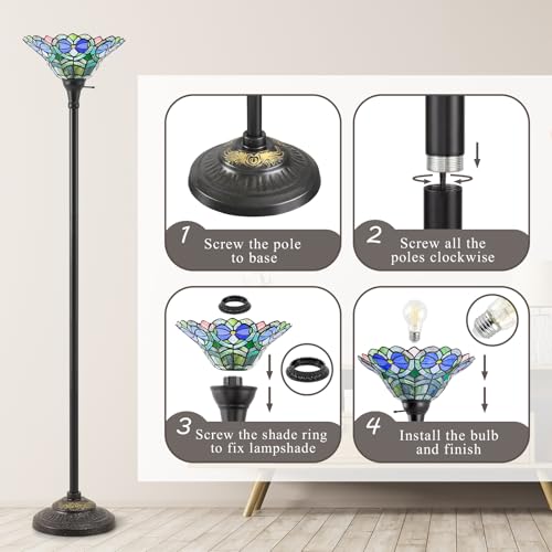 Tiffany Style Floor Lamp with Stained Glass Shade - 70" Torchiere for Living Room