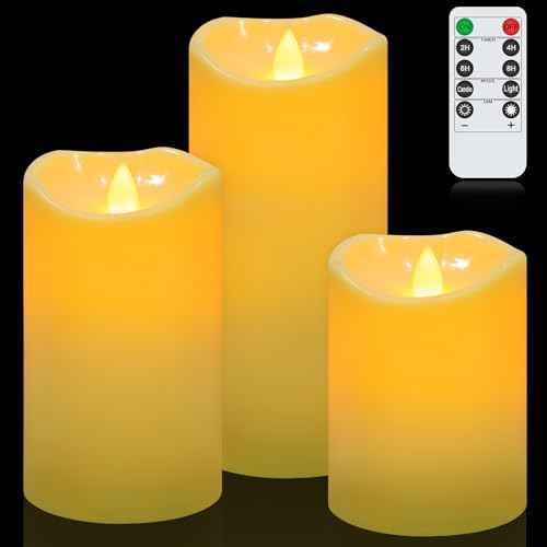 Battery Powered Flameless Candles, LED Flickering Pillar Candles, Electric Plastic Fake Candle with Remote Control and Timer for Halloween Christmas Wedding Fireplace Decor Set of 3