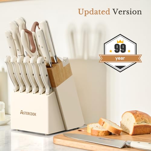 Astercook Cream White 14-Piece Stainless Steel Knife Set with Block & Sharpener