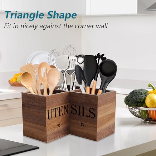 Suli Extra Large Acacia Corner Kitchen Utensil Holder with 3 Compartments - Rustic Farmhouse Countertop Organizer