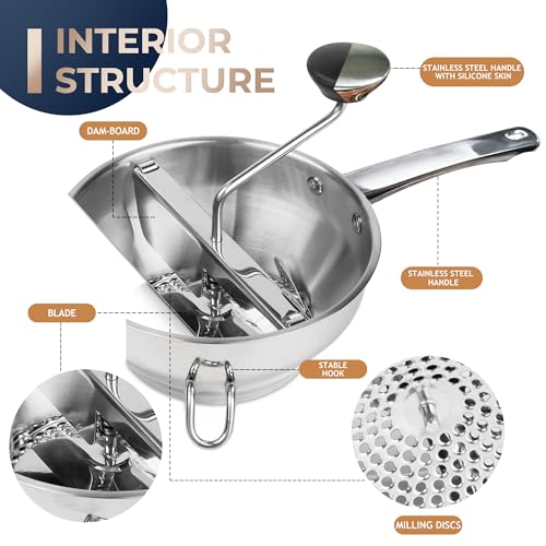 Stainless Steel Food Mill with 3 Discs - Handle & Multifunctional Spoon - Single Handle Variant