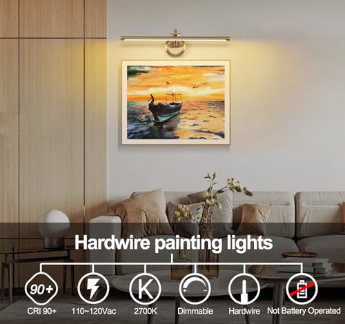 Tassuowell Brass Hard-Wired Dimmable 23.62 Inch Wall Art Picture Light for Paintings