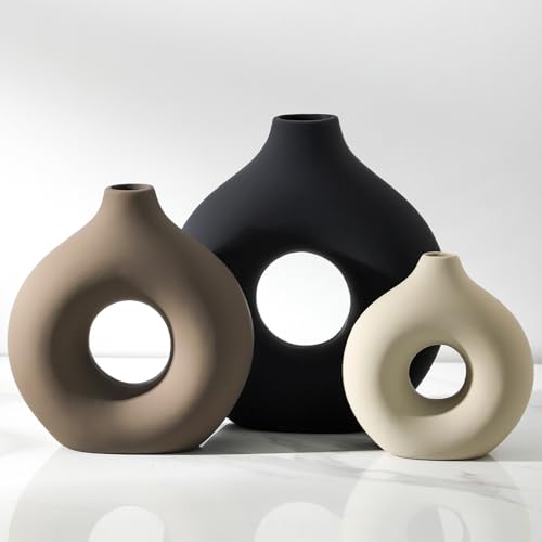 Vanselia Classic Ceramic Vase Set of 3 - Modern Donut-Shaped Table Decor