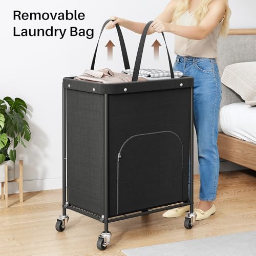 Branwick 170L Large Black Rolling Laundry Basket with Wheels & Removable Bag