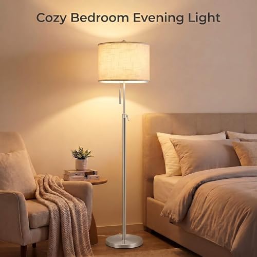 Nickel Floor Lamp with White Shade - Adjustable Tall Reading & Living Room Light - 55-67 Inches