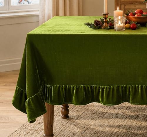 MIULEE Olive Green Velvet Ruffle Tablecloth 60x120 Inch for Holiday & Wedding