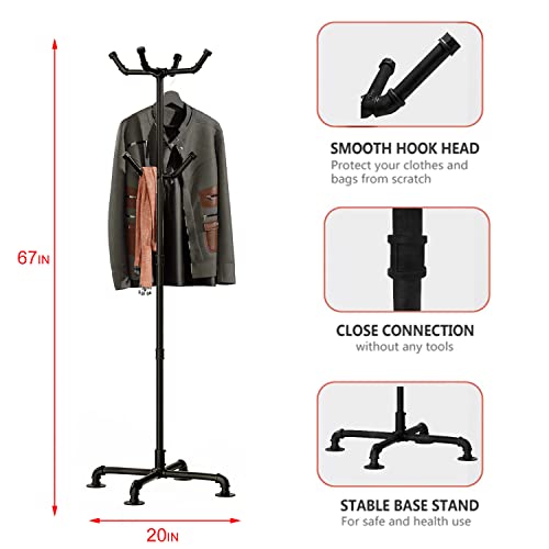 Black Industrial Coat Rack with 6 Hooks - Freestanding Metal Pipe Stand